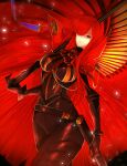  1girl black_bodysuit bodysuit c_c cape chain collared_cape cowboy_shot family_crest fate/grand_order fate_(series) hair_over_one_eye highres holding holding_sword holding_weapon medallion oda_nobunaga_(fate) oda_nobunaga_(maou_avenger)_(fate) oda_uri over_shoulder popped_collar red_cape red_eyes red_hair red_theme solo standing sword sword_over_shoulder tight_top weapon weapon_over_shoulder 