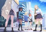  5girls absurdres ahoge akane_(blue_archive) asuna_(blue_archive) black_skirt blonde_hair blue_archive blue_eyes brown_hair city cleaning_&amp;_clearing_(blue_archive) dark-skinned_female dark_skin day halo hands_in_pockets highres ildy jacket karin_(blue_archive) long_hair long_sleeves looking_at_another looking_at_viewer multiple_girls neru_(blue_archive) open_clothes open_jacket outdoors red_eyes red_hair shirt skirt sleeves_rolled_up smile standing sweater toki_(blue_archive) traditional_media white_shirt yellow_eyes 