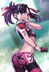  1girl alternate_costume ass asymmetrical_bangs bangs black_hair crop_top gloves green_eyes gym_leader gym_uniform hair_ribbon holding holding_poke_ball leggings marnie_(pokemon) medium_hair poke_ball pokemon pokemon_(game) pokemon_swsh ribbon single_glove teketeke twintails 