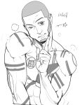  1boy abs buzz_cut facial_hair flexible full-body_tattoo gimgyeon_(dog_0987) goatee golden_kamuy greyscale highres index_finger_raised long_sideburns looking_at_viewer male_focus monochrome nude one_eye_closed puffy_cheeks shiraishi_yoshitake short_hair sideburns solo tattoo toned toned_male upper_body very_short_hair wink_star 