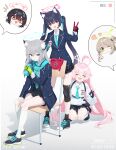  2t_(vmyz7342) 5girls :d absurdres ahoge animal_ear_fluff animal_ear_headwear animal_ears ankle_socks aqua_necktie aqua_ribbon aqua_scarf armband ayane_(blue_archive) badge balaclava black_gloves black_hair black_skirt black_socks blazer blonde_hair blue_archive blue_eyes blue_footwear blue_halo blue_jacket blush bottle brown_eyes cat_ears chair chibi chibi_inset closed_eyes closed_mouth collared_shirt cross_hair_ornament crossed_bangs disembodied_limb extra_ears fang glasses gloves green_eyes green_gloves green_halo grey_hair hair_between_eyes hair_bun hair_ornament hair_ribbon halo heart highres holding holding_bottle hoshino_(blue_archive) jacket knee_pads kneehighs long_hair long_sleeves looking_at_viewer medium_hair mismatched_pupils multicolored_clothes multicolored_gloves multiple_girls necktie nonomi_(blue_archive) one_eye_closed open_clothes open_jacket open_mouth pink_hair pink_halo plaid plaid_skirt pleated_skirt pointy_ears recording red-framed_eyewear red_eyes red_gloves red_halo ribbon scarf school_chair school_uniform serika_(blue_archive) shadow shiroko_(blue_archive) shirt shoes short_hair sidelocks simple_background single_knee_pad sitting skirt smile socks spoken_character squatting standing thighs twintails v very_long_hair viewfinder white_background white_shirt white_socks wing_collar wolf_ears 