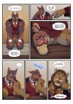 absurd_res aldrich_haynes_(thepurp) anthro balls bathrobe blake_(thepurp) blush bottomless bottomless_male canid canine canis chest_tuft clothed clothing collar comic cum_on_paw dialogue dobermann domestic_dog dominant dominant_male duo embarrassed feet felid flaccid foot_fetish foot_lick foot_play genitals hi_res jewelry kneeling licking lion male male/male mammal mane muscular muscular_male necklace pantherine pawpads penis pinscher robe submissive submissive_male thepurp tongue tongue_out topwear tuft vest