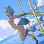 anthro black_hair blue_hair blue_tail brand_new_animal breasts butt canid canine cloudscape dipstick_tail female gloves_(marking) hair jungle_gym leg_markings looking_at_viewer mammal markings michiru_kagemori multicolored_tail nipples nude outside powerofsin public_nudity raccoon_dog short_hair side_view sky socks_(marking) solo stretching studio_trigger 
