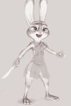  4_fingers absurd_res anthro armor barefoot buckteeth disney feet female fingers fuchs gladiator gladiatrix gladius greyscale hand_wraps hi_res holding_object holding_sword holding_weapon judy_hopps lagomorph leather leather_armor leporid mammal melee_weapon monochrome open_mouth pteruges rabbit simple_background sketch solo standing sword teeth warrior weapon wraps zootopia 