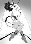  1girl artist_name big_hair brassica breasts bright_pupils colored_sclera commission fishnet_thighhighs fishnets full_body futon garter_straps greyscale large_breasts lying median_furrow monochrome nipple_piercing nipples on_side original parted_lips piercing pleated_skirt restrained skirt socks socks_over_thighhighs solo thighhighs topless torn_clothes torn_thighhighs 