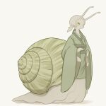 4_arms antennae_(anatomy) asian_clothing blush clothing east_asian_clothing featureless_hands female gastropod gastropod_shell green_clothing green_eyes green_shell hair japanese_clothing kimono looking_at_viewer membrane_(anatomy) mollusk mollusk_shell multi_arm multi_limb pale_skin pigtails shell short_hair simple_background snail solo tail tateoftot taur white_background white_body white_hair white_skin
