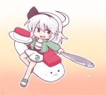  1girl 216 animal chibi fish food gradient_background green_jacket holding holding_animal holding_fish jacket konpaku_youmu orange_background personification rice short_hair shorts smile solo sports_bra sushi touhou tuna white_hair white_shorts white_sports_bra 