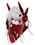  1girl 961 alpha_(punishing:_gray_raven) bandaid bandaid_on_cheek bandaid_on_face grey_hair hair_over_one_eye headgear headphones highres long_hair lucia:_crimson_abyss_(punishing:_gray_raven) punishing:_gray_raven red_eyes red_scarf scarf sidelocks solo 