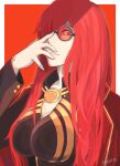  1girl absurdres adjusting_eyewear alternate_costume border breasts cape cleavage fate/grand_order fate_(series) glass hand_on_eyewear highres long_hair long_sleeves looking_at_viewer medallion oda_nobunaga_(fate) oda_nobunaga_(maou_avenger)_(fate) portrait red-tinted_eyewear red_background red_cape red_eyes solo taku_(takuqx) tinted_eyewear white_border 