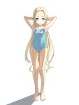  1girl armpits arms_behind_head arms_up barefoot blonde_hair blue_archive blue_eyes blue_swimsuit eyebrows feet forehead full_body highres legs long_hair one-piece_swimsuit school_swimsuit shin_(shincrz) simple_background solo sora_(blue_archive) swimsuit thighs toes white_background 