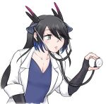  1girl black_dragon_(kemono_friends) black_gloves black_hair blue_hair blue_shirt blush coat collarbone dragon_ears dragon_girl dragon_horns dragon_tail extra_ears fingerless_gloves gloves grey_eyes hair_between_eyes horns kemono_friends lab_coat long_hair multicolored_hair open_clothes open_coat saja_(166j357) scales shirt sidelocks solo stethoscope tail upper_body white_coat 