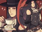  1other androgynous ascot asymmetrical_gloves asymmetrical_sleeves black_gloves black_hair black_headwear black_nails bobamiruku coffee_cup cup disposable_cup fingerless_gloves gloves guilty_gear guilty_gear_strive hat highres holding holding_cup holding_saucer holding_scythe long_hair looking_at_viewer other_focus parted_lips red_eyes saucer scythe skull testament_(guilty_gear) top_hat white_ascot white_gloves 
