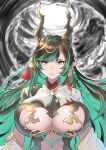  1girl black_hair breast_cutout breasts chikoinochi cleavage cleavage_cutout clothing_cutout cloud colored_inner_hair dark_clouds detached_sleeves dragon_girl dragon_horns draph dress gradient_hair granblue_fantasy green_eyes green_hair hair_ornament highres horn_ornament horns large_breasts leotard long_hair looking_at_viewer mole mole_under_mouth multicolored_eyes multicolored_hair navel_cutout payila_(granblue_fantasy) pelvic_curtain pointy_ears red_eyes see-through see-through_dress solo stomach_cutout tassel tassel_hair_ornament two-tone_eyes two-tone_hair very_long_hair 