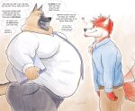 &lt;3 absurd_res anthro belly big_belly canid canine clothing dialogue duo eye_contact fox gazing happy helping hi_res looking_at_another male male/male mammal motion_lines open_mouth overweight overweight_anthro overweight_male size_difference smaller_male smile speech_bubble stretched_shirt tail tail_motion tailwag talking_to_another tundrarodi