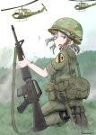  1girl 1st_cavalry_division aircraft ar-15 artist_name black_footwear boots brown_hair camouflage camouflage_headwear canteen combat_helmet full_body grass green_eyes green_jacket gun gun_sling helicopter helmet highres holding holding_weapon jacket kneeling knife knife_sheath load_bearing_vest long_hair looking_at_viewer military military_uniform open_mouth original outdoors pants_tucked_in pouch purple_eyes rifle savankov sheath sleeves_rolled_up solo uh-1_iroquois uniform united_states_army weapon 