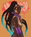  1girl aqua_hair black_hair breasts cable colored_tips commentary cromwaits dark-skinned_female dark_skin dreadlocks earbuds earphones elbow_pads english_commentary graffiti highres kimberly_jackson long_hair looking_at_viewer midriff multicolored_hair neckerchief nose official_alternate_costume official_alternate_hairstyle purple_neckerchief small_breasts solo sports_bra street_fighter street_fighter_6 thick_eyebrows thick_lips toned very_dark_skin visor_cap white_sports_bra 