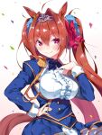  1girl animal_ears bangs blush breasts brown_hair daiwa_scarlet_(umamusume) epaulettes hair_intakes horse_ears horse_girl horse_tail large_breasts long_hair long_sleeves looking_at_viewer red_eyes smile sukoyaka_gyuunyuu tail tiara twintails umamusume very_long_hair 