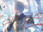  1boy armor blue_eyes crystal feathers granblue_fantasy highres hooded_robe lucilius_(granblue_fantasy) male_focus robe short_hair shoulder_armor solo sw21159502 white_hair white_robe 