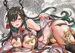  1girl black_hair black_thighhighs breast_cutout breasts cleavage cleavage_cutout clothing_cutout colored_inner_hair detached_sleeves dragon dragon_girl dragon_horns draph dress eastern_dragon gradient_hair granblue_fantasy green_eyes green_hair hair_ornament himuro_shunsuke horns large_breasts leotard long_hair looking_at_viewer lying mole mole_under_mouth multicolored_eyes multicolored_hair navel navel_cutout on_side payila_(granblue_fantasy) pointy_ears red_eyes red_tassel see-through see-through_dress solo stomach_cutout tassel tassel_hair_ornament thighhighs tuanshan two-tone_eyes two-tone_hair very_long_hair 