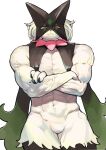 2023 :3 abs absurd_res anthro biceps big_muscles biped black_body colored crossed_arms digital_media_(artwork) featureless_crotch frill_(anatomy) front_view fur generation_9_pokemon half-length_portrait head_tuft hi_res looking_at_viewer male mammal mask meowscarada miao_jiangyou multicolored_body muscular muscular_anthro muscular_male navel neck_frill nintendo nude pecs pink_eyes pink_nose pokemon pokemon_(species) pokemorph portrait shaded simple_background smile solo standing tuft two_tone_body vein veiny_muscles white_background white_body white_fur
