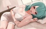  1girl aqua_hair bed blunt_bangs breasts cleavage highres hoshino_supika lace-trimmed_nightgown lamp large_breasts long_hair looking_at_viewer lying masquerade_channel nightgown on_bed on_side open_mouth oreazu pillow red_eyes smile solo virtual_youtuber white_nightgown window 