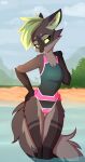 anthro bikini black_body black_ears black_fur black_tail breasts cleavage clothed clothing female fur green_hair grey_body grey_fur hair hi_res mammal omiart partially_submerged pink_clothing swimwear tail water