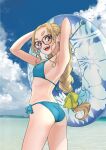  1girl arms_up ass bikini blonde_hair blue_bikini blue_eyes blue_sky breasts cloud cowboy_shot day dekomegane glasses holding innertube long_braid looking_at_viewer open_mouth original outdoors sasetsu sky small_breasts smile solo swim_ring swimsuit thick_eyebrows water 