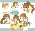  1girl absurdres ass bodysuit breasts brown_hair character_name eating gloves green_eyes hair_ribbon highres long_hair looking_at_viewer medium_breasts multiple_views open_mouth orange_bodysuit original pafekui ponytail ribbon scarf science_fiction shiba_inu space two-tone_bodysuit very_long_hair white_bodysuit white_gloves yellow_ribbon yellow_scarf 