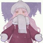  1girl alternate_costume alternate_hairstyle border buttons coat commentary_request covered_mouth curtained_hair double-breasted headwear_request highres kuron_(uhhr2odhrppc5nw) light_blush long_hair long_sleeves looking_at_viewer mittens outstretched_arms pom_pom_(clothes) purple_background red_coat scarf scarf_over_mouth snowing solo spread_arms straight-on tsuina-chan two-tone_background upper_body voiceroid wavy_hair white_border white_mittens white_scarf yellow_eyes 