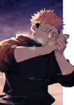  1boy aoi_(aoi68) black_eyes black_hair black_jacket closed_mouth hands_up itadori_yuuji jacket jujutsu_kaisen male_focus outdoors own_hands_together pink_hair scar scar_on_face short_hair sleeves_pushed_up solo twilight undercut upper_body 