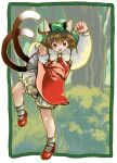  1girl animal_ear_piercing animal_ears arm_up bloomers bobby_socks border bow bowtie brown_hair cat_ears cat_tail chen commentary_request earrings fangs fingernails full_body green_headwear hair_between_eyes hat jewelry leg_up long_sleeves looking_at_viewer mary_janes mob_cap multiple_tails nail_polish nekomata outline outside_border paw_pose petite puffy_long_sleeves puffy_sleeves raino red_eyes red_nails red_skirt red_vest sharp_fingernails shoes short_hair single_earring skirt skirt_set socks solo standing standing_on_one_leg tail tongue tongue_out touhou two_tails v-shaped_eyebrows vest white_border white_bow white_bowtie 