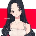  1girl black_hair black_jacket brown_eyes camisole collarbone commentary_request earrings highres jacket jewelry long_hair looking_at_viewer open_clothes open_jacket original parted_lips sasetsu single_bare_shoulder solo two-tone_background upper_body white_camisole 