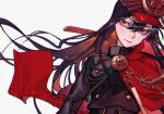  1girl cape chain family_crest fate/grand_order fate_(series) fiery_hair gotronix hat highres katana light_smile long_hair looking_to_the_side medallion military_hat oda_nobunaga_(fate) oda_uri peaked_cap red_cape red_eyes simple_background solo sword very_long_hair weapon white_background 