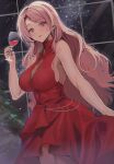  1girl alcohol alternate_costume breasts christmas_tree commentary_request cup dress drinking_glass highres kantai_collection large_breasts long_hair luigi_di_savoia_duca_degli_abruzzi_(kancolle) night night_sky picoli1313 pink_eyes pink_hair red_dress sky standing wine wine_glass 