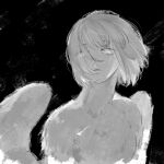  1girl body_fur chimera dungeon_meshi falin_thorden feathered_wings floating_hair greyscale hair_over_one_eye korean_commentary leeppyang monochrome monster_girl nude short_hair solo spoilers upper_body wings 