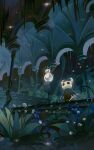  1other arch architecture blue_cape blue_flower cape cloak dark flower glowing grass highres hollow_knight horned_mask knight_(hollow_knight) lamppost light_particles lisa_(mochii_lisa) mask nail_(hollow_knight) plant stairs standing sword weapon 