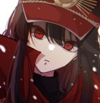  1girl black_hair cape collared_cape family_crest fate/grand_order fate_(series) hair_between_eyes hat head_tilt looking_at_viewer military_hat oda_nobunaga_(fate) oda_uri parted_lips peaked_cap portrait red_cape red_eyes rubiumu sidelocks simple_background solo white_background 