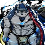  1boy animal_ears armor bara blue_fur blue_hair chest_hair clenched_hands closed_mouth commentary_request furry furry_male grey_fur grey_hair headband horkeu_kamui jacket jacket_on_shoulders japanese_armor kano_(kano_to10) kote large_pectorals looking_at_viewer male_focus multicolored_hair muscular muscular_male nipples no_shirt pectorals pelvic_curtain revision scar scar_on_face short_hair smile solo tokyo_afterschool_summoners twitter_username two-tone_fur two-tone_hair upper_body white_background wolf_boy wolf_ears yellow_eyes 