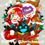  1girl 2boys 73_(naa) ? andou_ringo animal_costume bow dated drill_hair drooling ecolo_(puyopuyo) eyelashes fang fur-trimmed_jacket fur_trim green_eyes hair_over_eyes hat jacket merry_christmas mouth_drool multiple_boys one_eye_closed purple_hair puyopuyo puyopuyo_7 red_bow reindeer_costume santa_costume santa_hat sasaki_maguro short_hair smile striped striped_bow twin_drills 