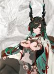  1girl black_hair black_thighhighs breast_cutout breasts chair cleavage cleavage_cutout clothing_cutout colored_inner_hair crossed_legs detached_sleeves dragon_girl dragon_horns draph dress fingerless_gloves gloves gomikas_100 gradient_hair granblue_fantasy green_eyes green_hair hair_ornament highres horn_ornament horns large_breasts leotard long_hair looking_at_viewer mole mole_under_mouth multicolored_eyes multicolored_hair navel navel_cutout payila_(granblue_fantasy) pelvic_curtain pointy_ears red_eyes see-through see-through_dress sitting solo stomach_cutout tassel tassel_hair_ornament thighhighs tuanshan two-tone_eyes two-tone_hair very_long_hair white_gloves 