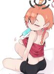  1girl ahoge black_shorts blue_archive braid camisole food hair_between_eyes halo highres huge_ahoge mole mole_under_eye motion_lines mouth_hold neru_(blue_archive) one_eye_closed pearlgang_e popsicle red_camisole red_eyes red_hair short_hair shorts simple_background single_braid sitting solo sweat white_background 