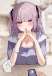  1girl absurdres blurry blurry_background blush breasts cellphone cleavage collarbone commentary_request heart highres jirai_kei large_breasts long_hair looking_at_viewer mole original own_hands_together phone pink_hair pov purple_eyes smartphone solo spoken_heart translation_request two_side_up yukari_(rihenara_doll) 