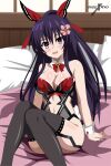  1girl absurdres bare_shoulders bow breasts christmas date_a_live flower hair_bow hair_flower hair_ornament highres indexxryo lingerie long_hair medium_breasts navel on_bed open_mouth pillow purple_eyes purple_hair red_ribbon ribbon smile underwear wrist_cuffs yatogami_tooka 