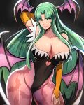  1girl animal_print arm_behind_head artist_name bat_print black_leotard breasts bridal_gauntlets closed_mouth clothing_cutout cowboy_shot green_eyes green_hair head_wings heart_cutout highres large_breasts leotard long_hair low_wings morrigan_aensland omiza_somi pantyhose pink_pantyhose solo stomach_cutout vampire_(game) wings 