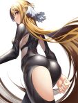  1girl ass asuna_(sao) blush bodysuit breasts brown_eyes brown_hair from_behind from_below gingami_(giluziru) half_updo highres large_breasts long_hair looking_back looking_down shiny shiny_clothes shiny_hair shiny_skin sideboob skin_tight solo sword_art_online very_long_hair 