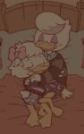 age_difference anatid anseriform anthro avian bed bird blush bow_ribbon clothing diaper digital_media_(artwork) disney dress duck ducktales ducktales_(2017) duo embrace eyes_closed eyeshadow female furniture hi_res hug lena_(ducktales) makeup momiji-kun on_bed pillow sweater topwear webby_vanderquack