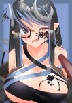  1girl absurdres bandeau belt black_bandeau black_belt black_hair blue_background blue_belt blue_hair blurry blurry_background blush body_writing breasts brown_eyes chest_belt collarbone commentary_request curled_horns demon_girl demon_horns earrings facepaint fangs grey_horns hair_between_eyes hebiyoi_tier hebiyoi_tier_(1st_costume) highres horns ink jewelry large_breasts long_hair looking_at_viewer medium_bangs multicolored_hair nanashi_inc. one_eye_closed open_mouth paintbrush pointy_ears sidelocks solo squiggle translation_request two-tone_hair upper_body usami_(zanzanzaczac) virtual_youtuber 