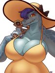 2024 3:4 anthro big_breasts blazbaros breasts cleavage clothed clothing crocodile crocodilian crocodylid dress duo eyelashes female footwear glistening glistening_breasts hair hat headgear headwear hi_res huge_breasts human kaiju looking_at_viewer mammal red_eyes reptile sandals scalie short_hair sitting size_difference sun_hat sundress yellow_sclera