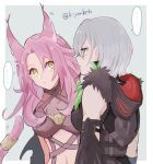  2girls animal_ear_fluff animal_ears breasts cleavage cowboy_shot detached_sleeves diabellstar_the_black_witch dress duel_monster ferret_ears ferret_girl ferret_tail green_background hood kiyuubsth large_breasts long_hair medium_hair midriff multiple_girls navel pink_hair pink_tail single_detached_sleeve single_sleeve tail tail_ornament tail_ring tri-brigade_ferrijit_the_barren_blossom twitter_username two-tone_background white_background yellow_eyes yu-gi-oh! 
