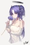 1girl absurdres artist_name blue_archive blush breasts cleavage closed_mouth commentary dress flower grey_background halo highres holding holding_flower large_breasts long_hair looking_at_viewer mechanical_halo purple_eyes purple_flower purple_hair saw272 simple_background solo two_side_up upper_body white_dress yuuka_(blue_archive) 